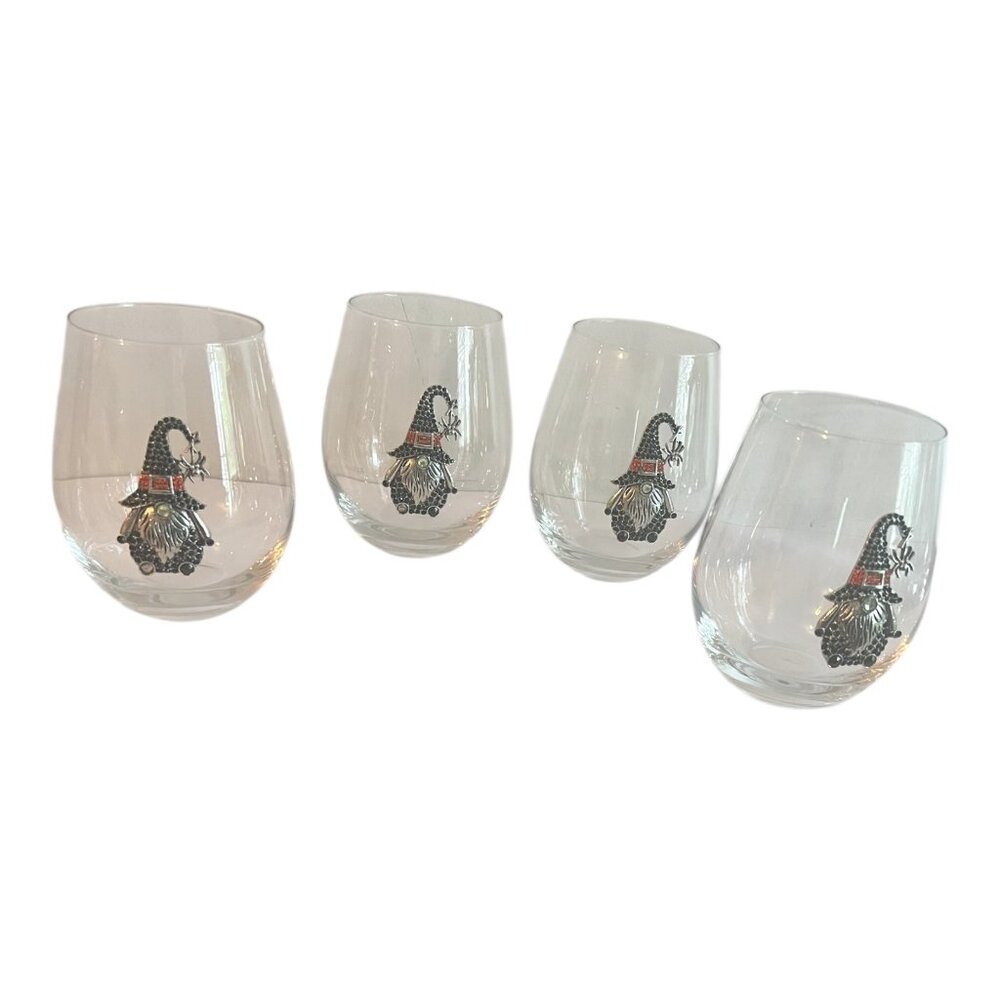 Halloween Gnome Witch Stemless Wine Glasses Set Of 4 Rhinestone Embellished